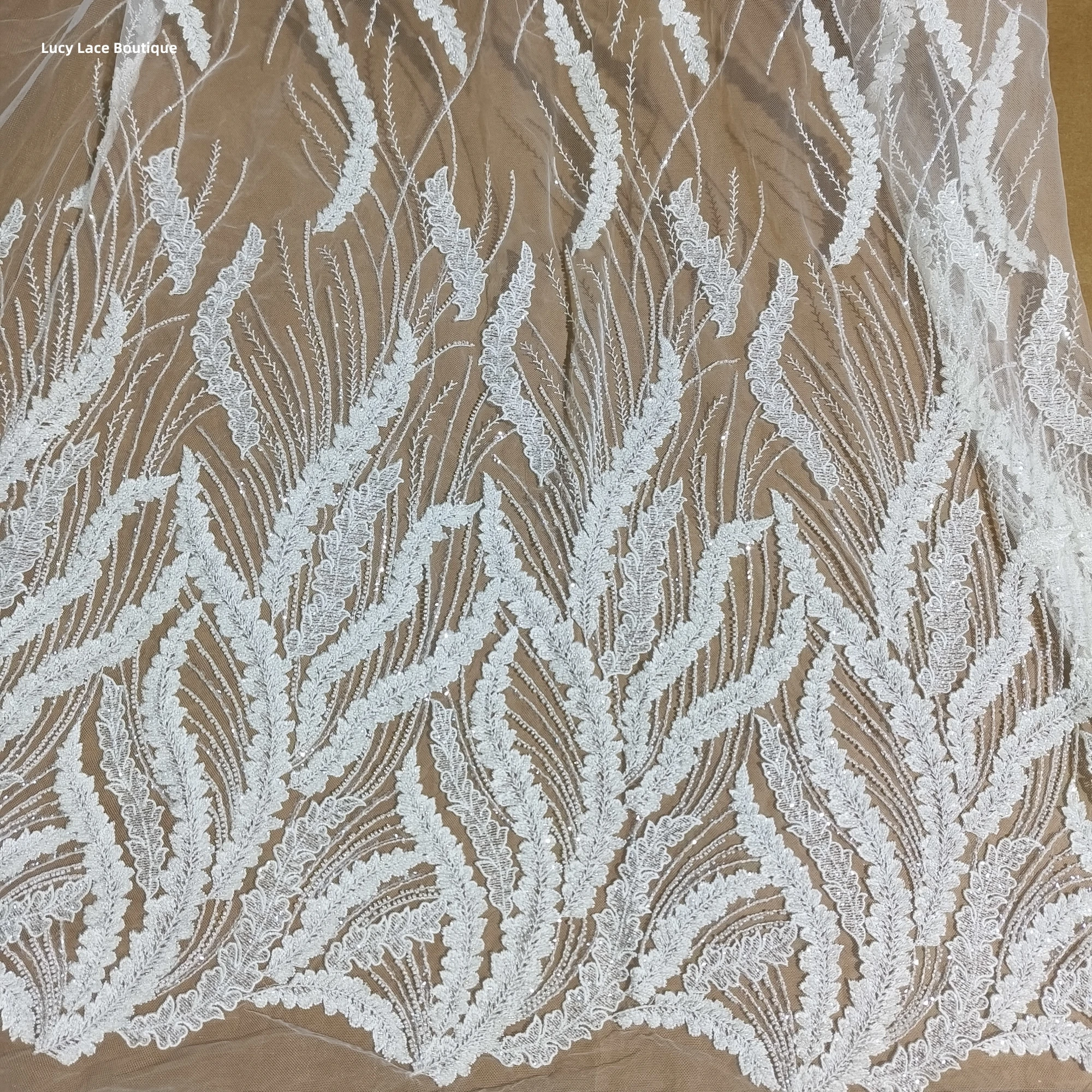 NEW Luxury Heavy Beading Dense Embroidery Lace Fabric Ivory Wedding Lace Woman Dress Sewing Material Exquisite