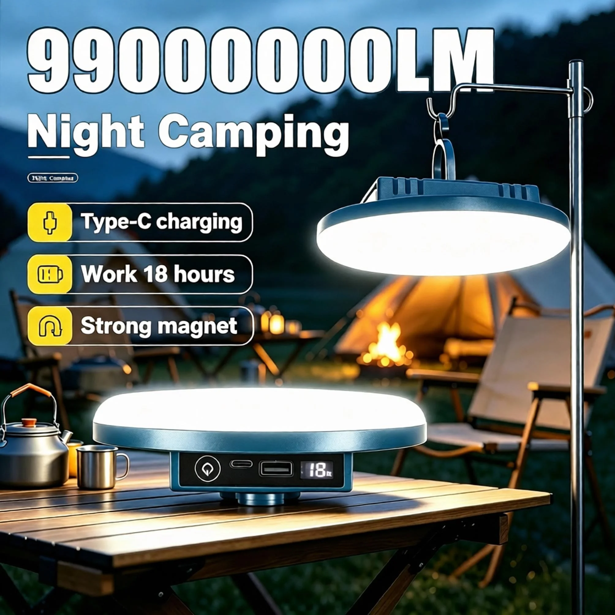 99000000LM Outdoor Camping Light Type-C Rechargeable Portable Lamp Emergency Night Market LED Camping Tent Lamp With Magnet Hook