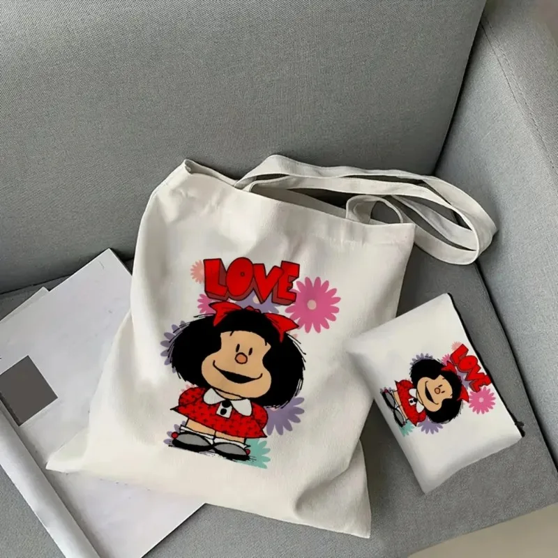 2pcs/set Cute Cartoon Mafalda Women's Handbag Cosmetic Organizer Fashion Shoulder Bag Eco Large Capacity Shopping Bag Schoolbag