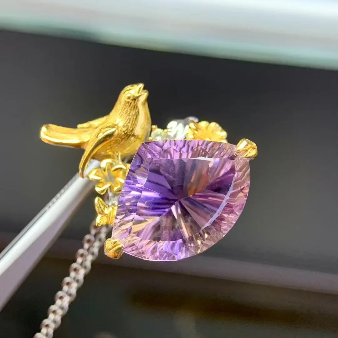 Natural Ametrine Pendant 16x21mm 925 Silver Two-tone Plated Handcrafted Bird & Flower Design Statement Necklace for Women