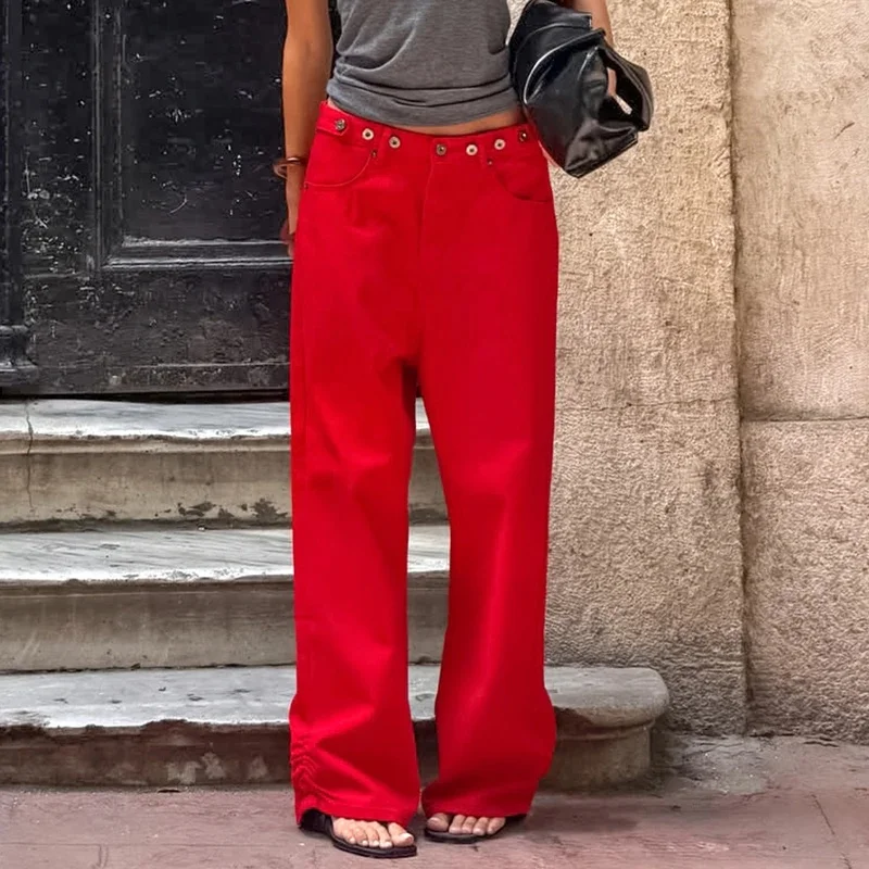 Street Chic Red  Straight Pants Women 2026 Office Lady Twill Zipper Pants With Pockets Casual Loose Trousers Female