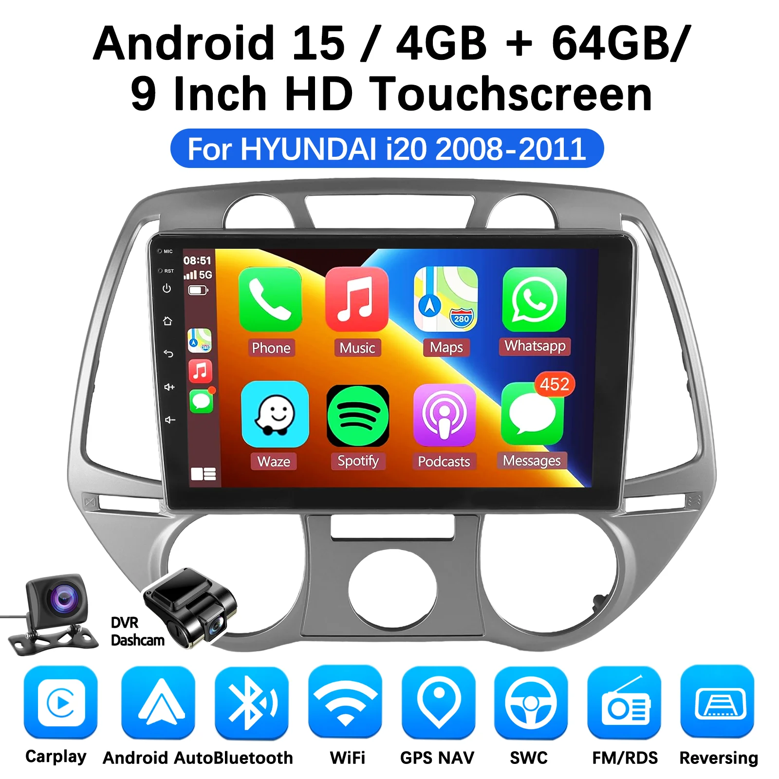 MOPECT Android Draadloze CarPlay Auto Autoradio voor Hyundai I20 2012-2014 Intelligent Systeem WIFI SWC RDS GPS FM/AM BT DAB+