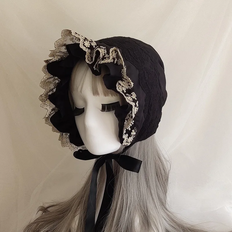 

Lolita Bonnet Hat Vintage Victorian Maid Cosplay Women Girls Pumpkin Sweet Cotton Cap Lace Up Straps