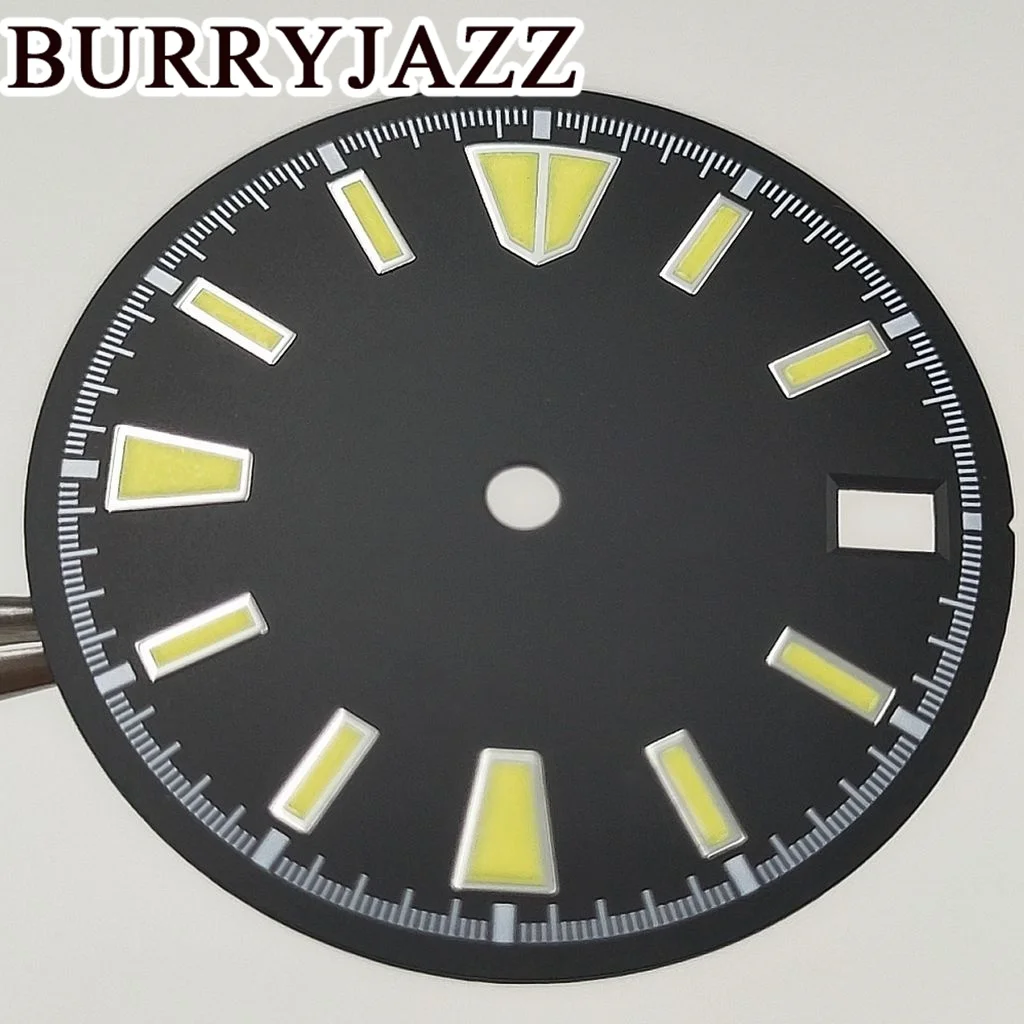 BURRYJAZZ 28.5mm No Logo NH35 Watch Dials Black Dial Green Luminous Fit 3 O'clock 3.8 O'clock Case Crown