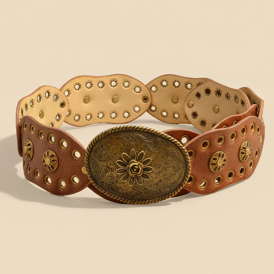 

Винтажный широкий ремень с металлической пряжкой и цветком, коричневый женский кожаный ремень с полыми заклепками на талии в стиле ретро
