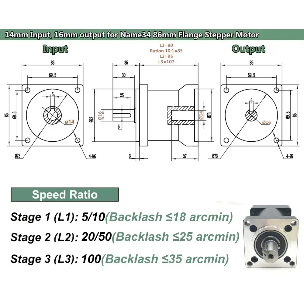 Nema34 86mm Planetary Reducer Kit 2/3PH Encoder Stepper Motor Gearbox 4.5/8.5/12Nm for CNC Laser Cutting/engraving Machine