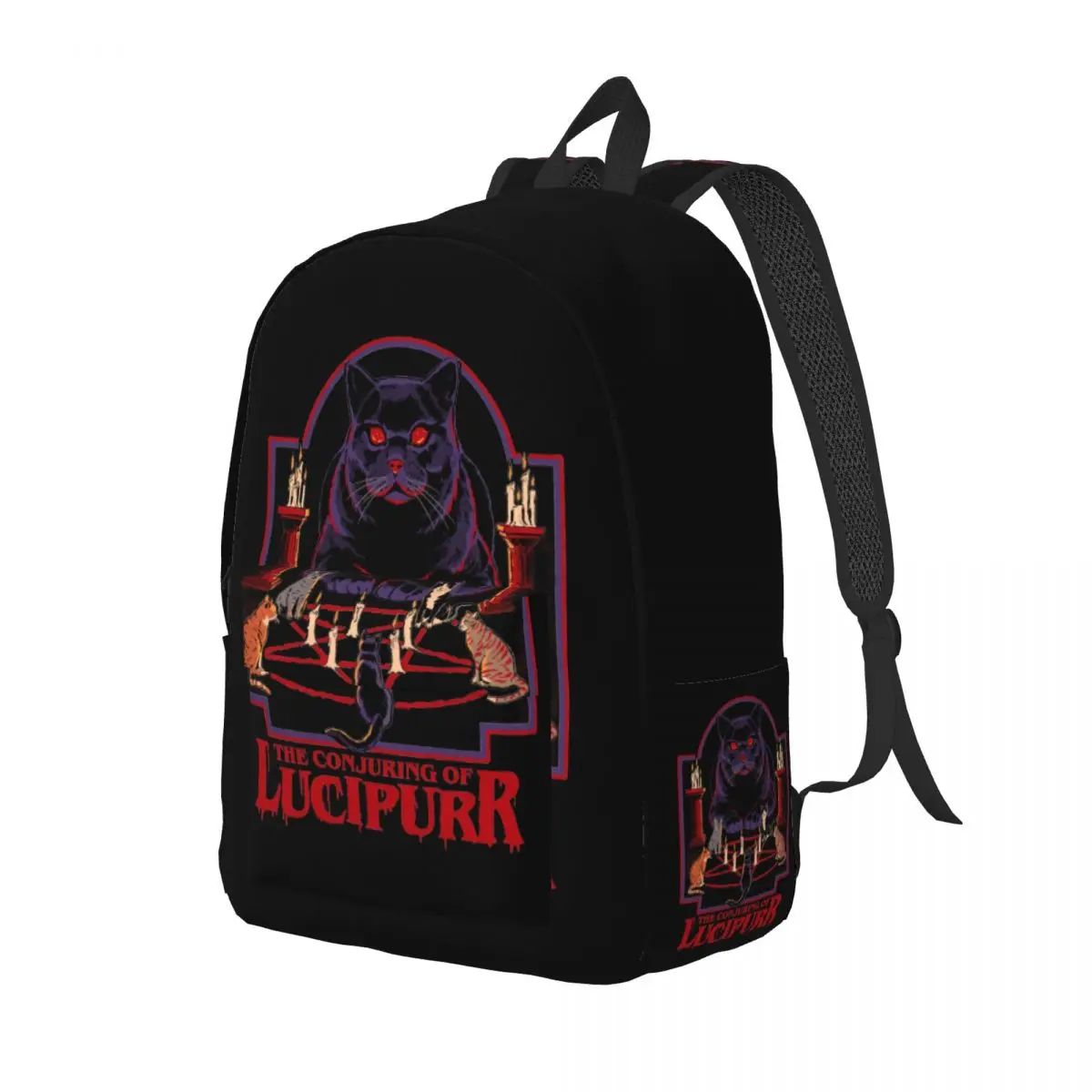 Cat Lucifer The Conjuring Of Lucipurr Teenage Backpack Hiking Travel Mid Century Occult Humor Parody Daypack Canvas Bags