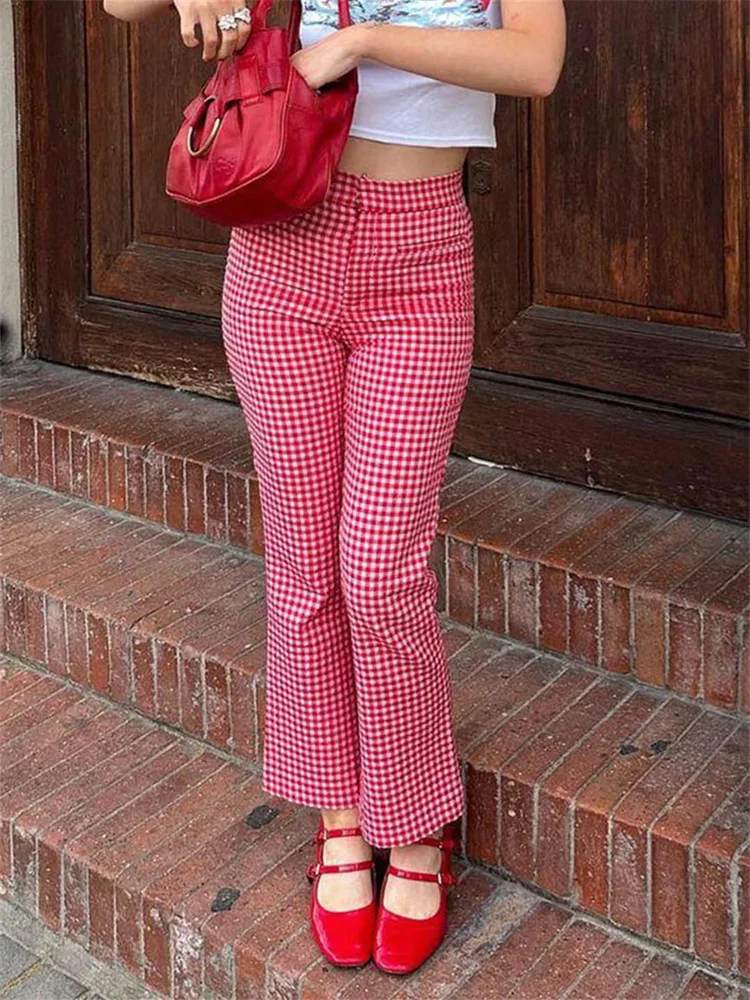 Women Y2K Plaid Pants High Waist Trousers Spring Summer Fashion Casual Sweatpants Slim Fit Slightly Flare Pants