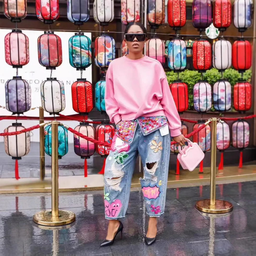 여성 가을 겨울 패션 라인스톤 프린트 찢어진 청바지 바지