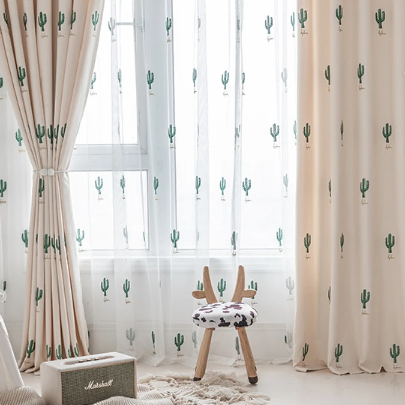 Instagram New Fresh Cartoon Embroidered Cactus Curtains for Children's Room Twill Woolen Thickened Semi Blackout Fabric Curtains