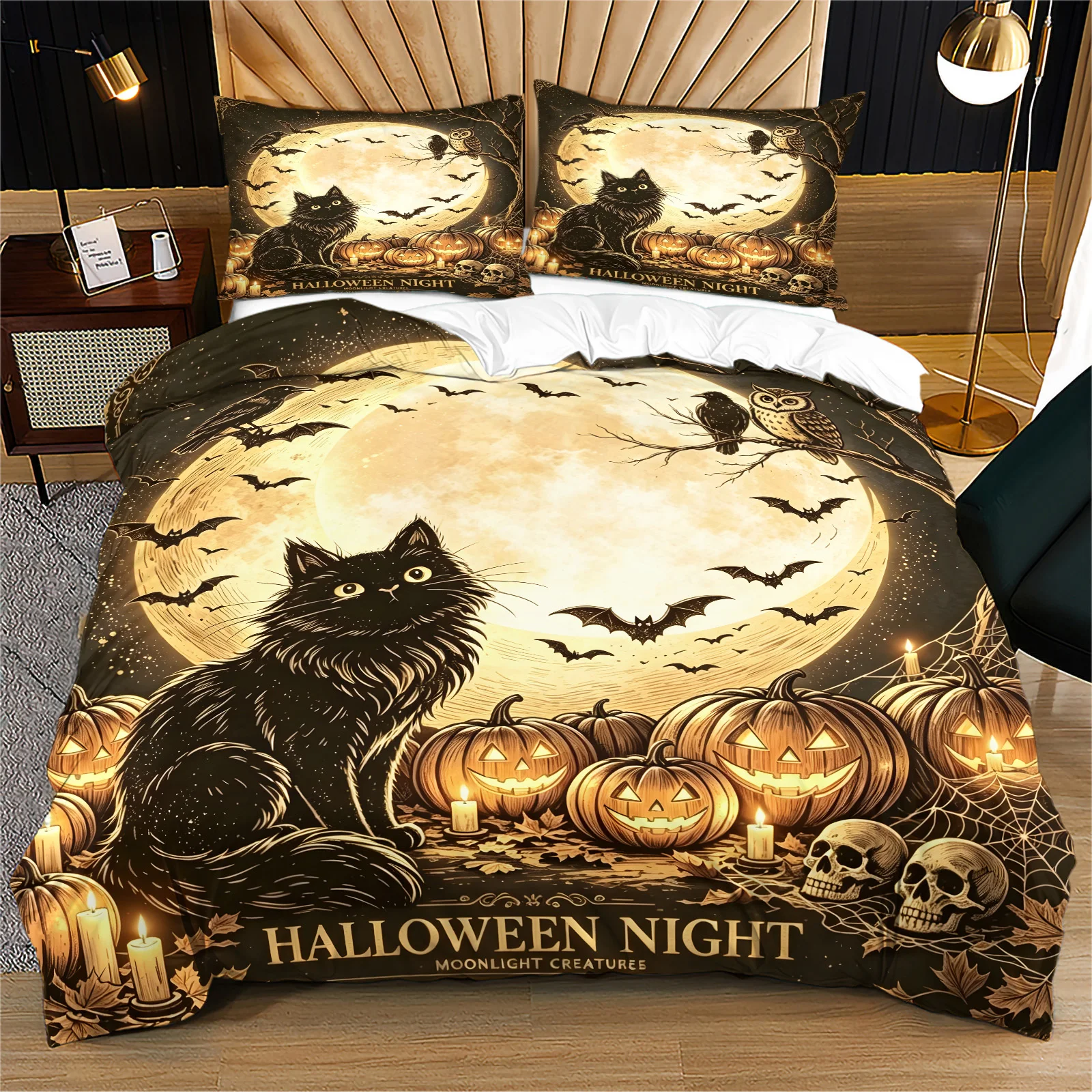 Vintage Halloween Black Cat Duvet Cover Set Retro Full‑Moon Pumpkin Bat Owl Skull Spider Web Bedding Set Halloween Home Decor