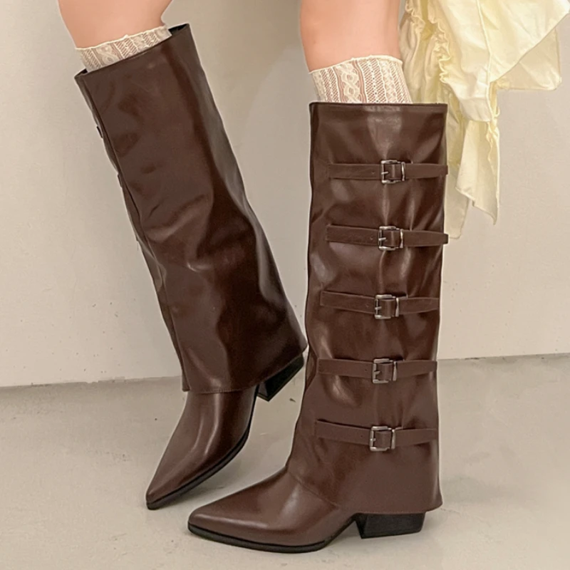 

Pointed Toe Women's High Boots Mid Heels Designer Buckle Shoes 2025 Winter Pumps Elegant Gothic Boots New Knee High Mujer Botas