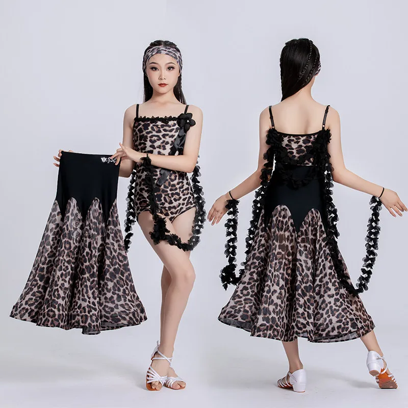 

Girls Professional Modern Dance Waltz Dance Leopard Print Split Suit Performance Wear Ballroom Dance Competition Dress DN22612
