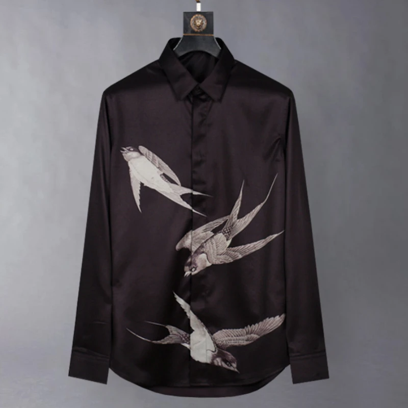 Luxury Silk Swallow Print Shirt Men 2025 Autumn Long Sleeved Slim Casual Business Dress Shirt Vintage Social Party Tuxedo Blouse