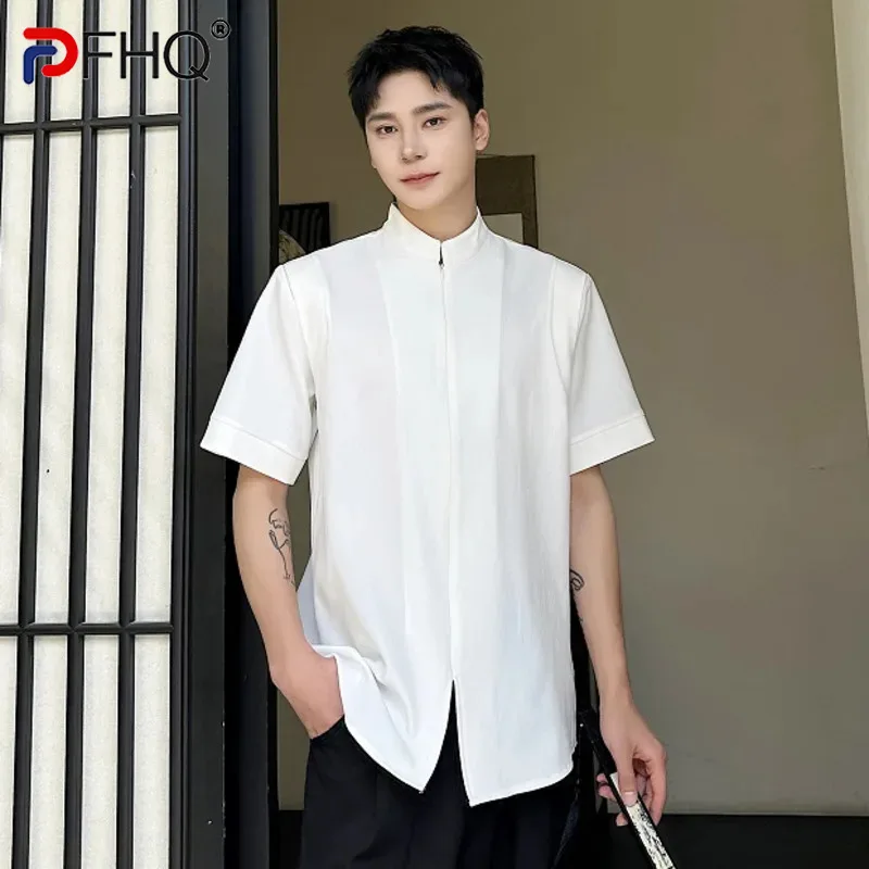 

PFHQ Summer New Chinese Style Men's Shirts Simple Solid Color Stand Neck Short Sleeve Tops Casual Zipper Design Shirt 2024 C6054