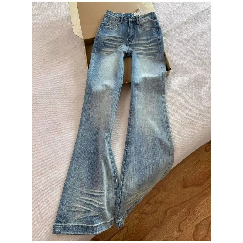 

Light Blue Washed Embroidered Micro-horn Jeans Women's Summer New Spice Girl Low-rise Elastic Narrow Version Horn Pants