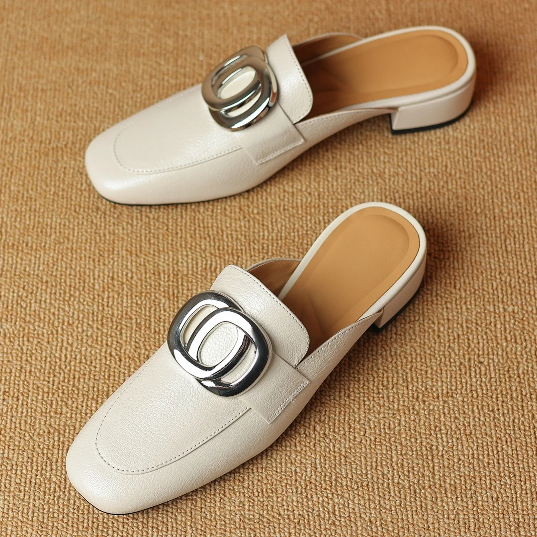 Plus size 34-41 women\'s genuine leather square toe slip-on flats summer mules metal buckle decoration casual female sandals shoe