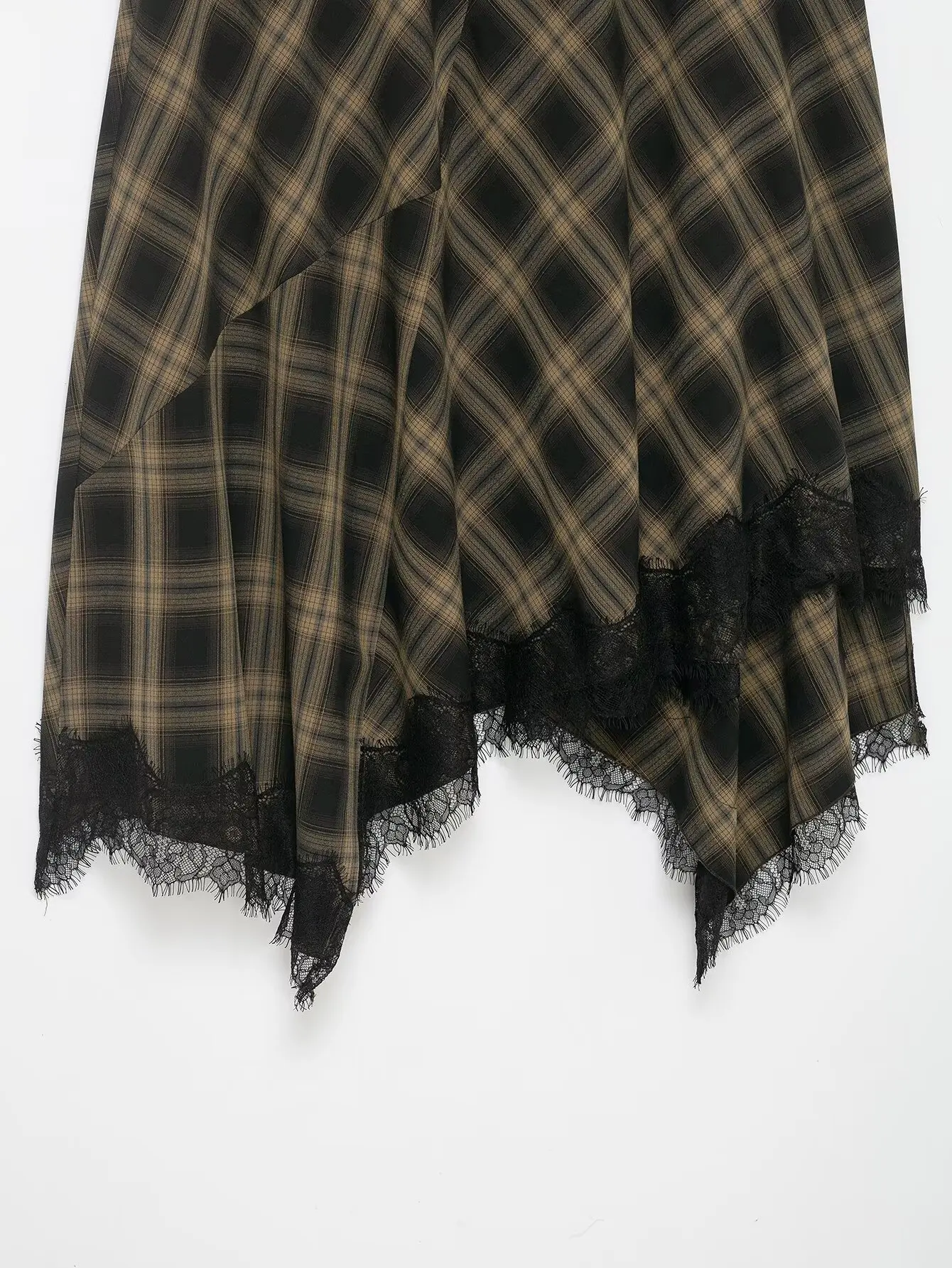 Frühling Neuheit Karierter Rock mit Spitzenbesatz Asymmetrischer Saum Damen Eleganter A-Linien-Rock mit Reißverschluss Midi-Röcke Vintage Party-Röcke 2026 Neu – Detail 11