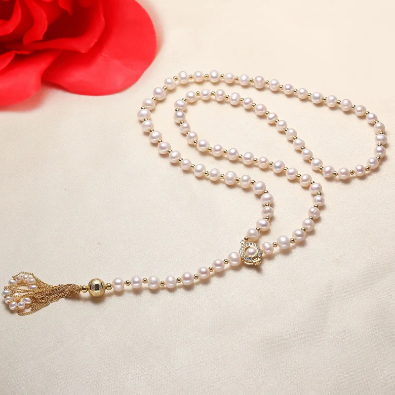 

Freshwater White Sweater Chain Skirt Style Pearl Necklace Accessories