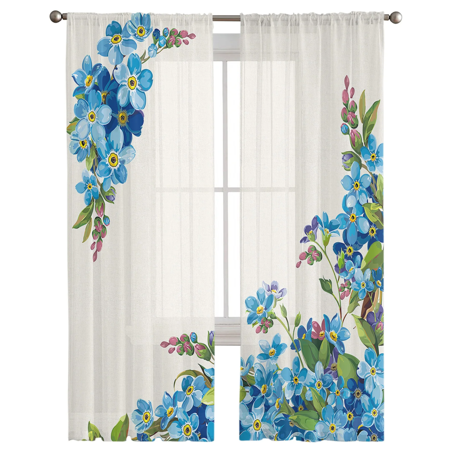 Blue Don'T Forget Me Watercolor Flowers Window Curtains For Living Room Bedroom Kitchen Chiffon Sheer Window Treatment