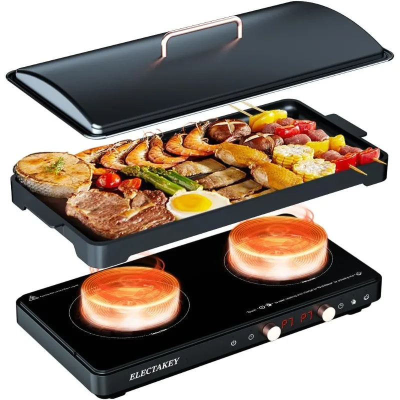 Induction Cooktop 2 Burner with Removable Cast Iron Griddle Pan Non-Stic,Portable Double Induction Cooktop