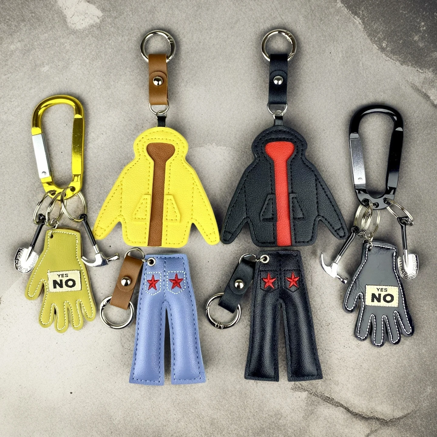 Mini PU Leather Outfit Keychain Set – Hoodie, Jeans& Gloves with Metal Tools Funky Bag Charm & Keyring for Backpack, Purse-Gift