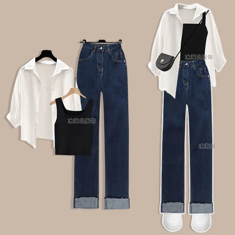 2024 Summer New Korean Elegant Jeans Matching Set Women\'s Fashion Sunscreen Shirt+Strap+Denim Pants Three Piece Female Suit