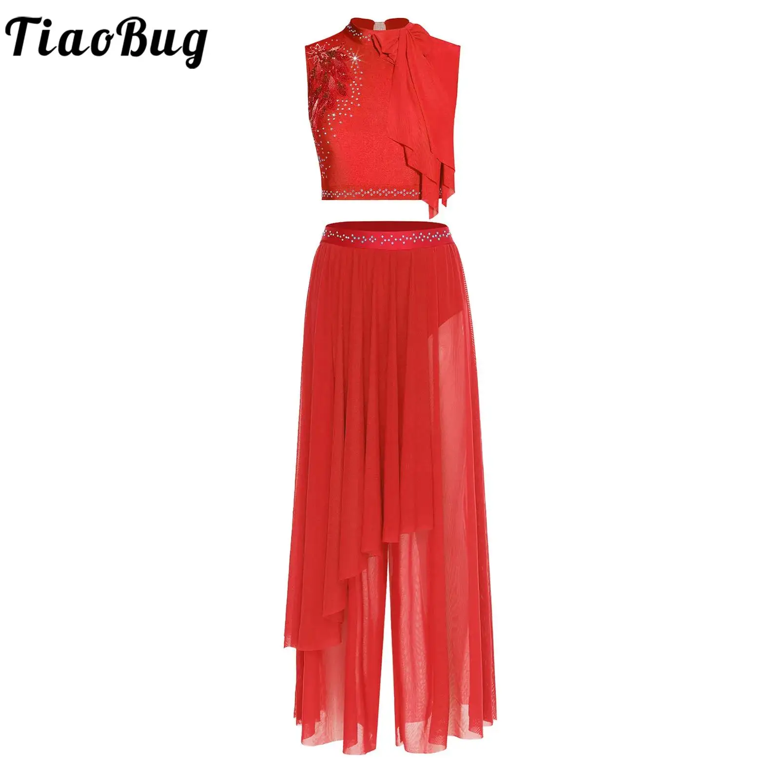 

Women Lyrical Dance Outfit Sequin Embroidery Bow Sleeveless Crop Top and Wide Leg Sheer Mesh Pants Modern Contemporary Dancewear