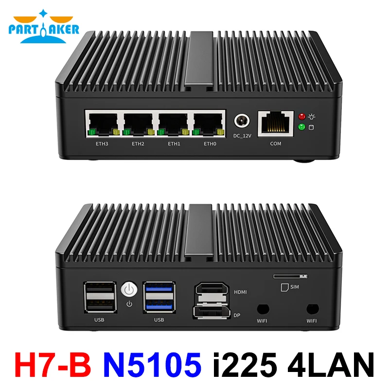 Quạt Không Cánh Mini PC 4 Intel 2.5G LAN Celeron J4125 2.5GbE I225-V LAN Mini Router Máy Chủ ESXI HD-MI PfSense Tường Lửa thiết Bị