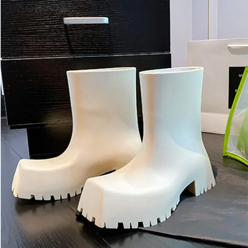 

Fashion Waterproof Non-slip Women's Ankle Boots Soft Leather Pu Square Toe Chunky Platform Boots Comfortable Designer Rain Boots