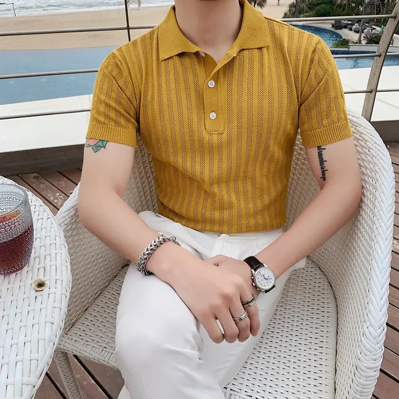 Yellow Mens with Collar T-shirt V Neck Striped White Black Party New in Tops & Tees Wholesale Aesthetic Stylish Male Polo Shirts