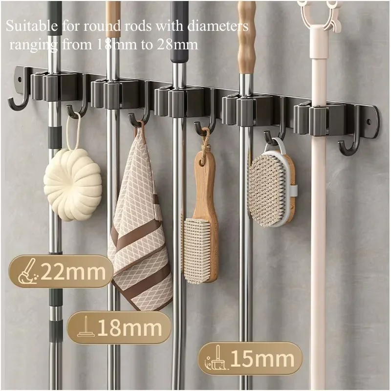Wall Mounted Stainless Steel Mop Holder No Drilling Mop Broom Organizer Storage Rack Porous Broom Hanger Cloth Hook - view 2
