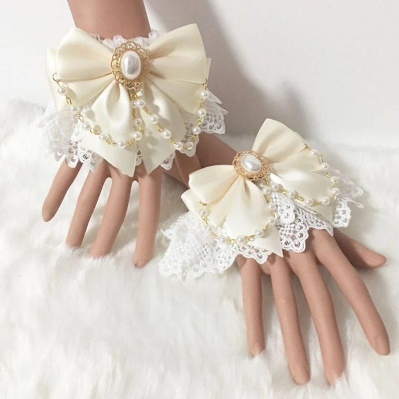 Japanese Sweet Hand Wrist Cuffs Double Layer Floral Lace Bowknot Bracelet Wristband Imitation Pearl Chain Jewelry Maid