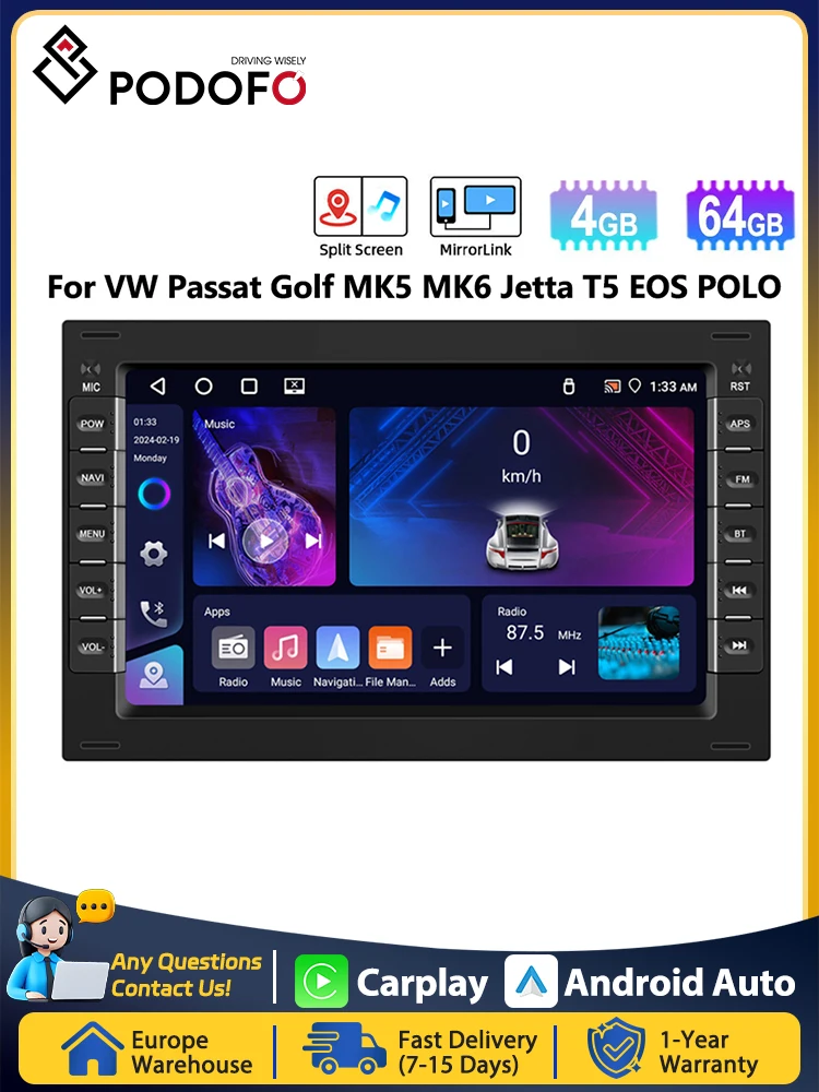 Podofo Drahtlose Carplay Android Auto Radio Player Für VW PASSAT B5 MK4 MK5 SHARAN Jetta Bora Polo TRANSPORT T5 GPS Multimedia