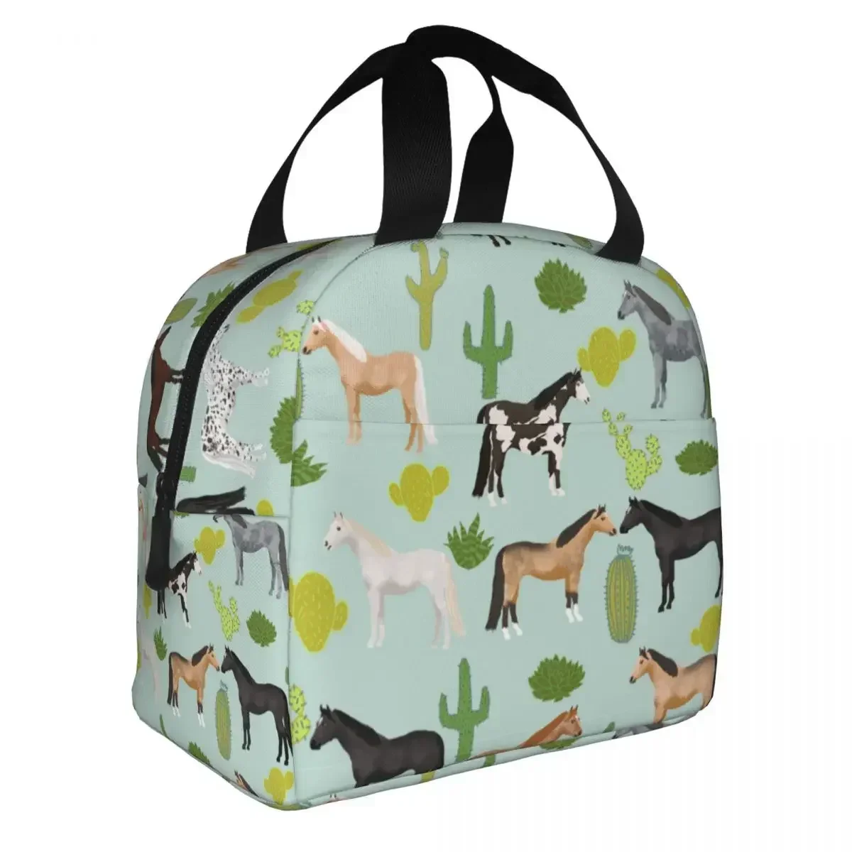 Lunch Bags for Women Kids Horses Cactus Thermal Cooler Bags Portable School Animal Canvas Tote Handbags