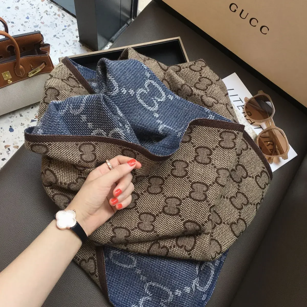 Khaki Drill Denim Color Block Double-sided Thickened Faux Sheepskin Scarf Winter Warm Neck Warmer Dual-purpose Shawl