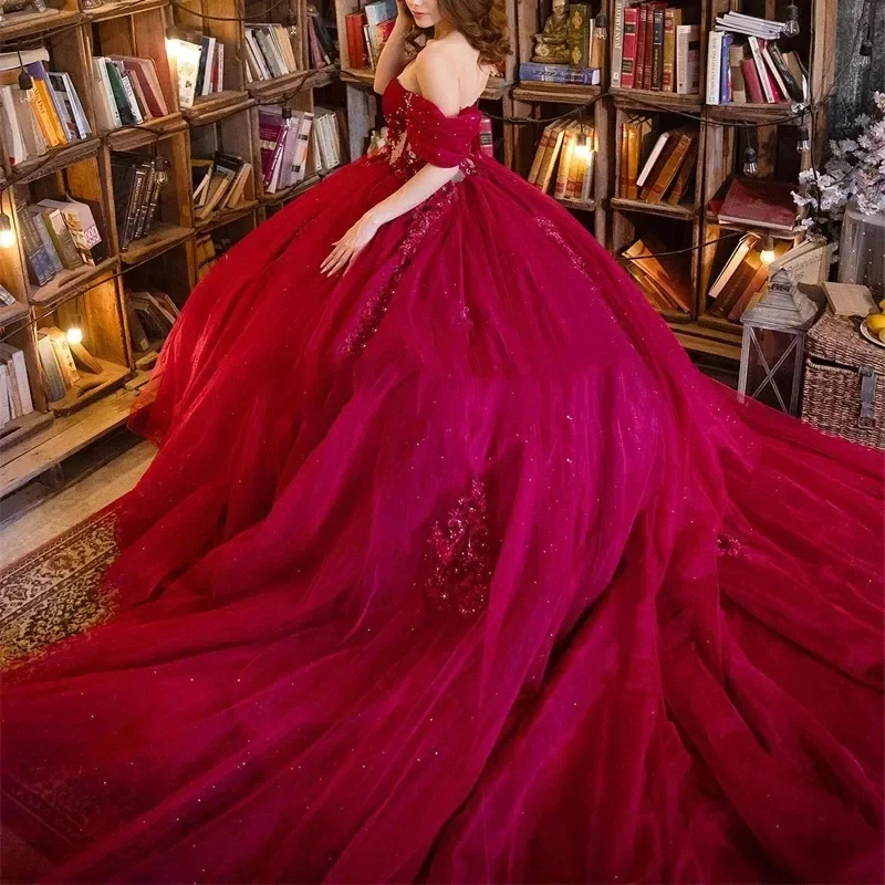 Elegant Mexican Red Vestidos De 15 Quinceañera Shinning Beads Off The Shoulder Tull Sweet 16 Gowns Pageant Party Dress Customize