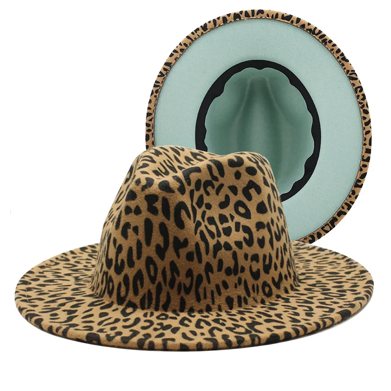 

New leopard Patchwork Wool Felt Jazz Fedora Hat Women Unisex Wide Brim Panama Party Trilby Cowboy Cap Men Gentleman Wedding Hat