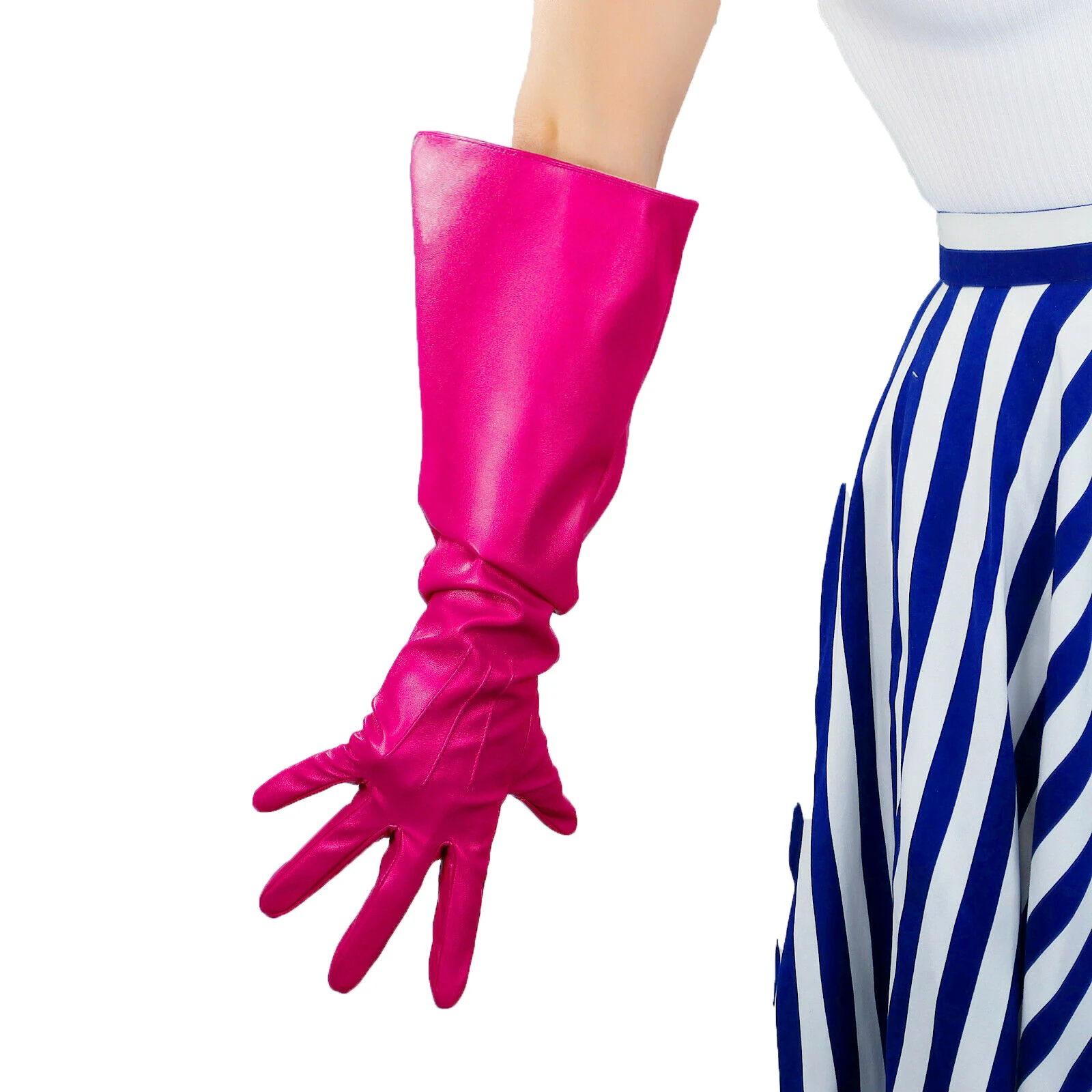 

DooWay Fuchsia Long Leather GLOVES Faux PU 20" 50cm Elbow Rose Pink Loose L PUFF SLEEVES Christmas Costume Opera Evening Glove