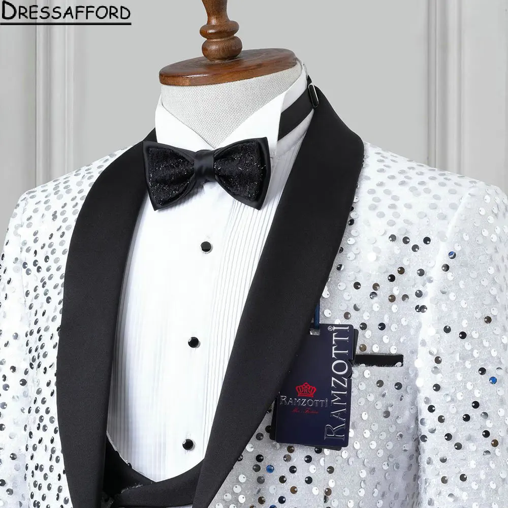 Traje Formal de 3 piezas con lentejuelas blancas para hombre, conjunto de chaqueta, chaleco y pantalones, Blazer de negocios informal inteligente