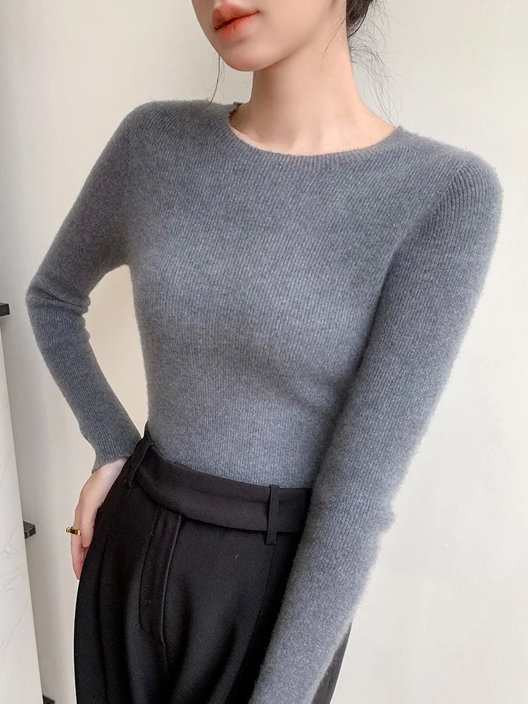 Women\'s sweater O-neck basic pullover sweater Spring and Autumn new 100% merino wool slim solid color sweater fashion top