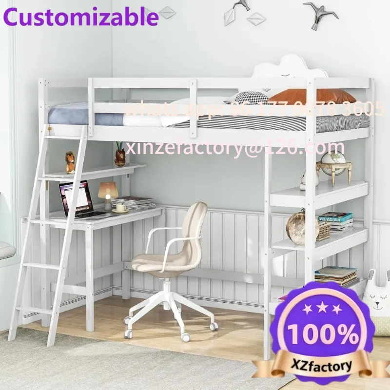 Customizable Twin Loft Bed with Desk & Storage Shelves, Wood Loft Bed Frame with Bookcase,Ladder,Guardrail,No Box Spring Needed