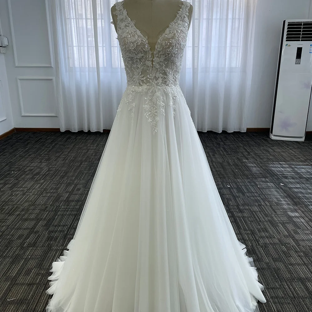 Sleeveless A-line Wedding Dress Beach V-Neck Lace Sweep Train Zipper Bridal Gowns Customize To Measures vestido de novia