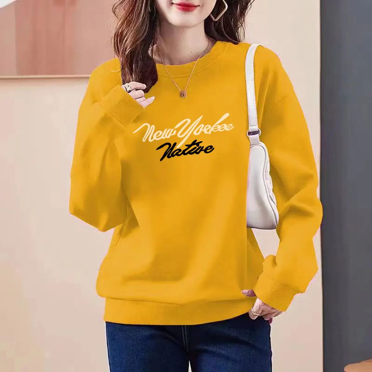 All-match Lantern Long Sleeve Letter Printing Round Neck Pullover Women's Clothing Casual Loose Elegant Spring Autumn Tops