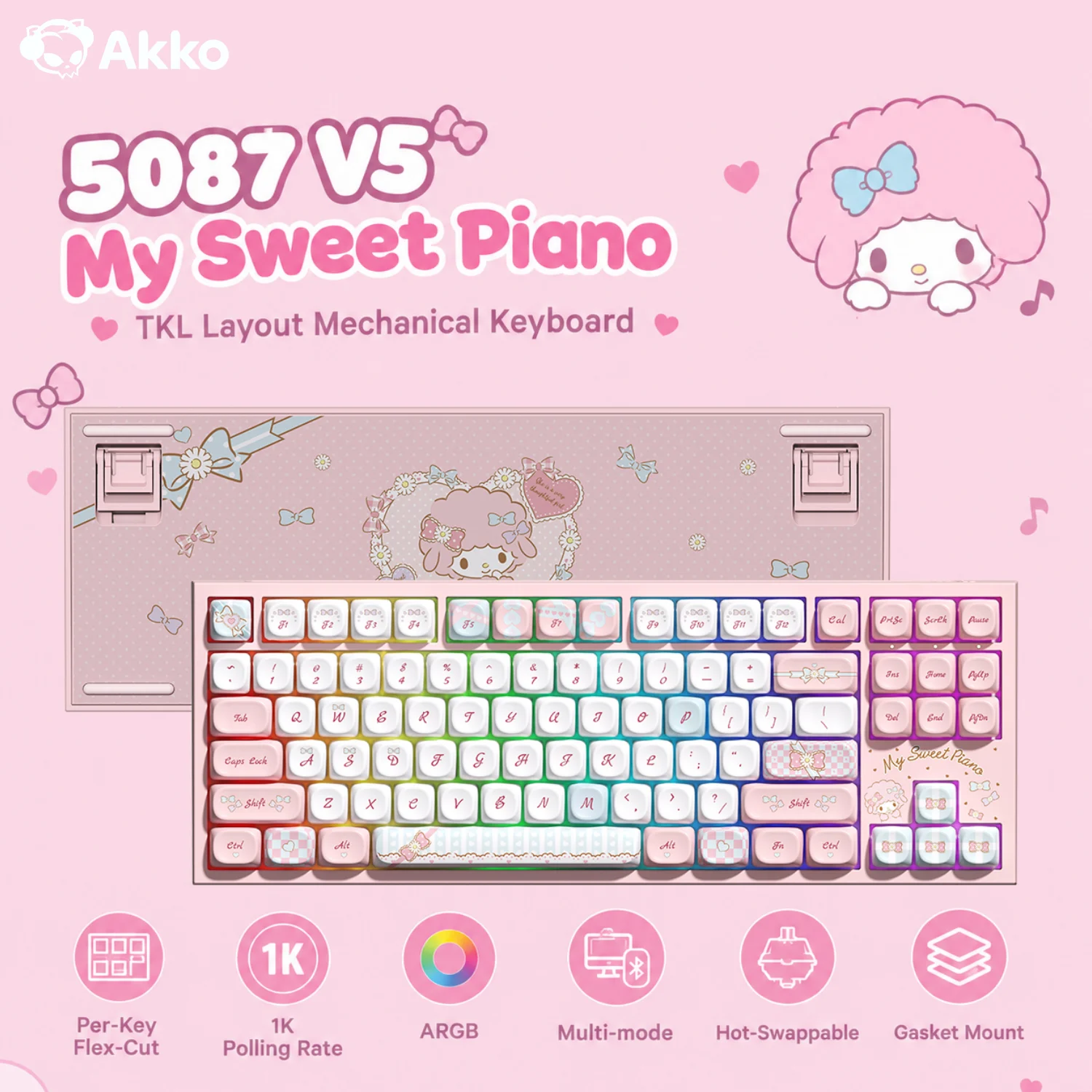 Akko 5087 V5 Mechanical Keyboard My Sweet Piano 80% TKL Layout ARGB Per-Key Flex-Cut Hot-swappable 1K Wireless Gaming Keyboard
