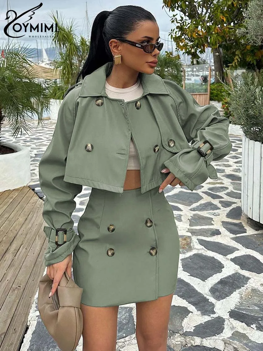 Oymimi Elegant Green 2 Peice Set Woman Fashion Lapel Long Sleeve Double Breasted Crop Tops And High Waist Button Slim Skirts Set