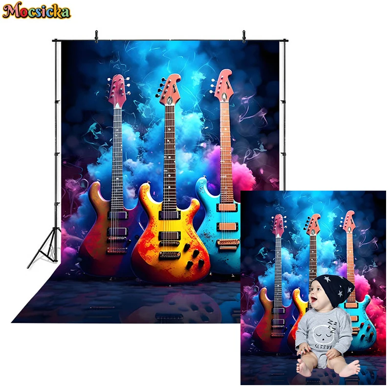 

Colorful Guitar Background For Photography Props Photo Studio Youth Music Carnival Party 1st Birthday Backdrops Decor Photozone