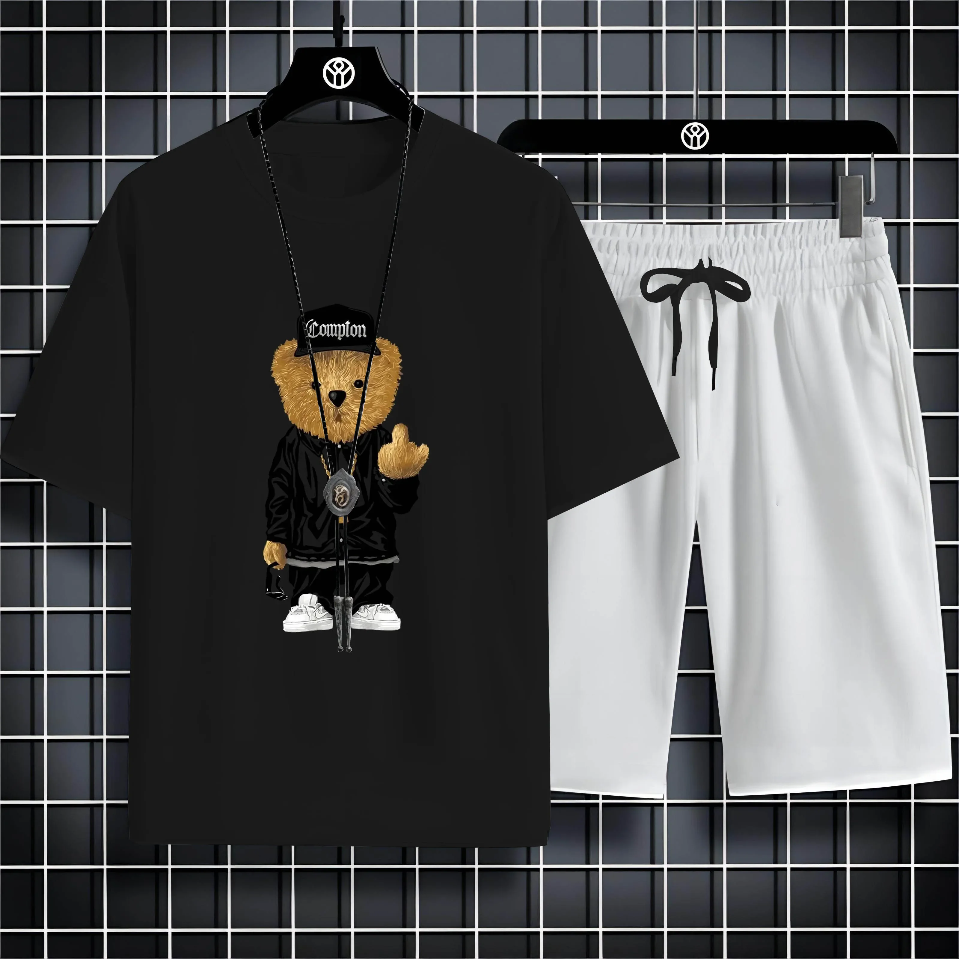 2023 Men\'S New Short Sleeve Shorts Sportswear Set Doll Bear Print Pattern Simple And Generous Speed Dry Suitable For Summer