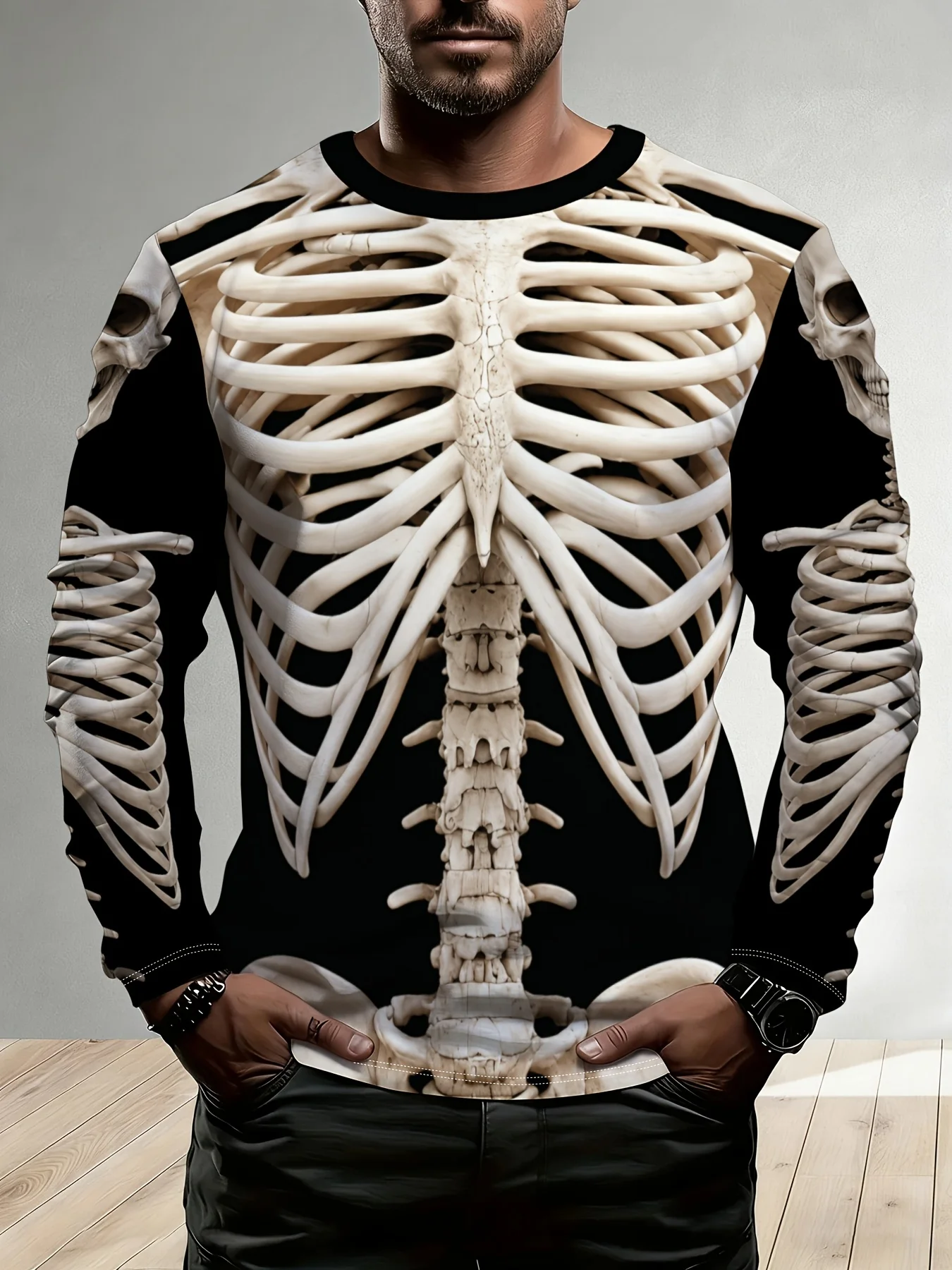 2026 new selling men's creative muscle texture print, quick drying round neck long sleeved top, men's casual long sleeved shirt