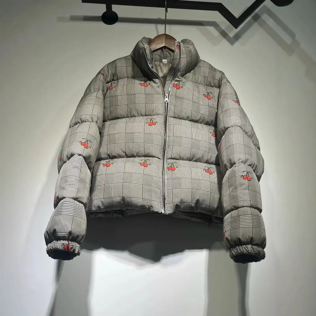 Winter New Loose Vintage Cherry Embroidery Print Collar down Coat Women's Cotton Jacket Fashionable Outerwear